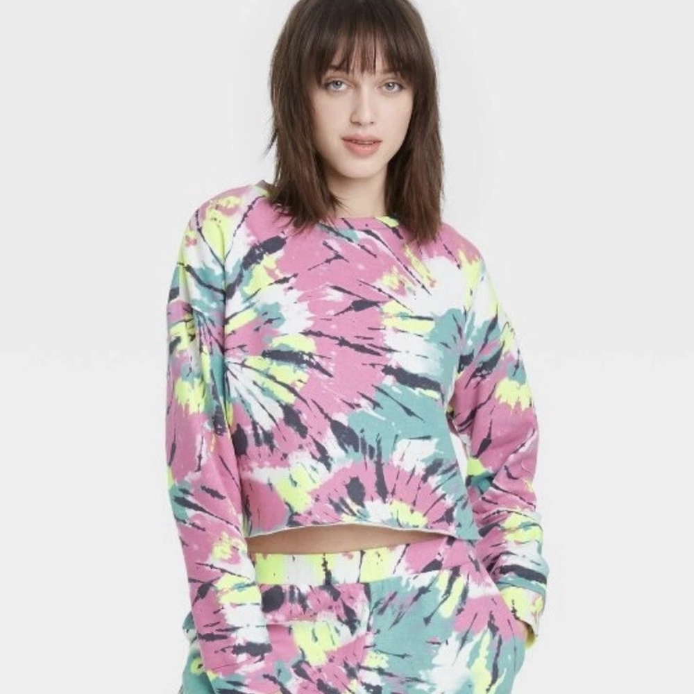 Colsie Womens Pink Tie Dye Long Sleeve Pullover Cropped Sweatshirt Size Large